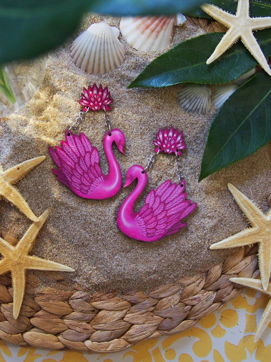 Artisan Pink Swans Earrings Jewellery Mine Güngör Design 
