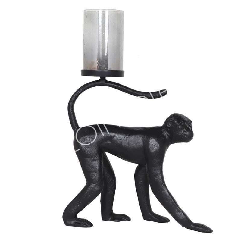 Candle holder monkey Raw alu Matt Black with black seed glass L48 W18 H68 cm Homeware Diga Colmore 
